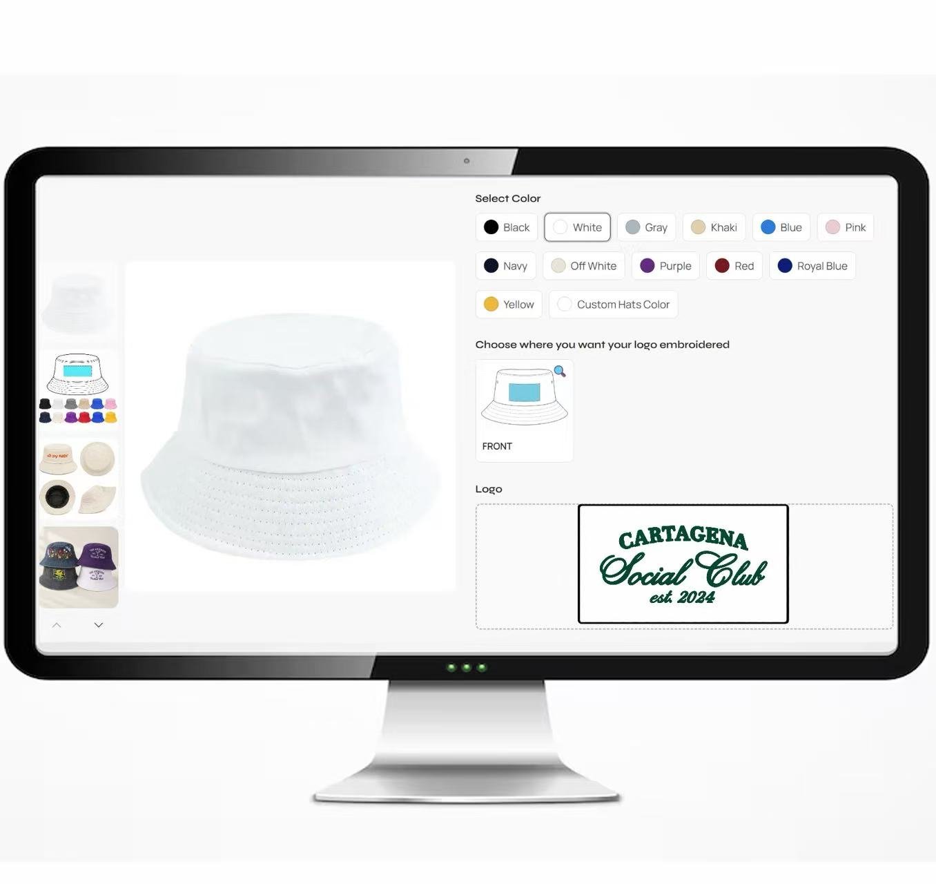 Monitor displaying a bucket hat customizer with khaki selected, color options, front embroidery placement, and a Cartagena logo.