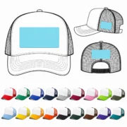 Foam trucker hat line drawings showing front, back and side embroidery areas with available color combinations