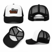 Black and white embroidered foam trucker hat shown from the front, back, side and interior