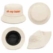 Four views of a cream bucket hat showing orange front embroidery, a round top, black lining, and a side profile.