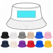 Bucket hat line drawing with a cyan front embroidery area above two rows of 12 hat color options.
