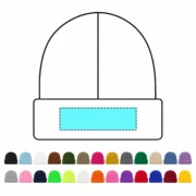 Front beanie line drawing with a cyan embroidery area on the folded cuff above two rows of 26 color options.