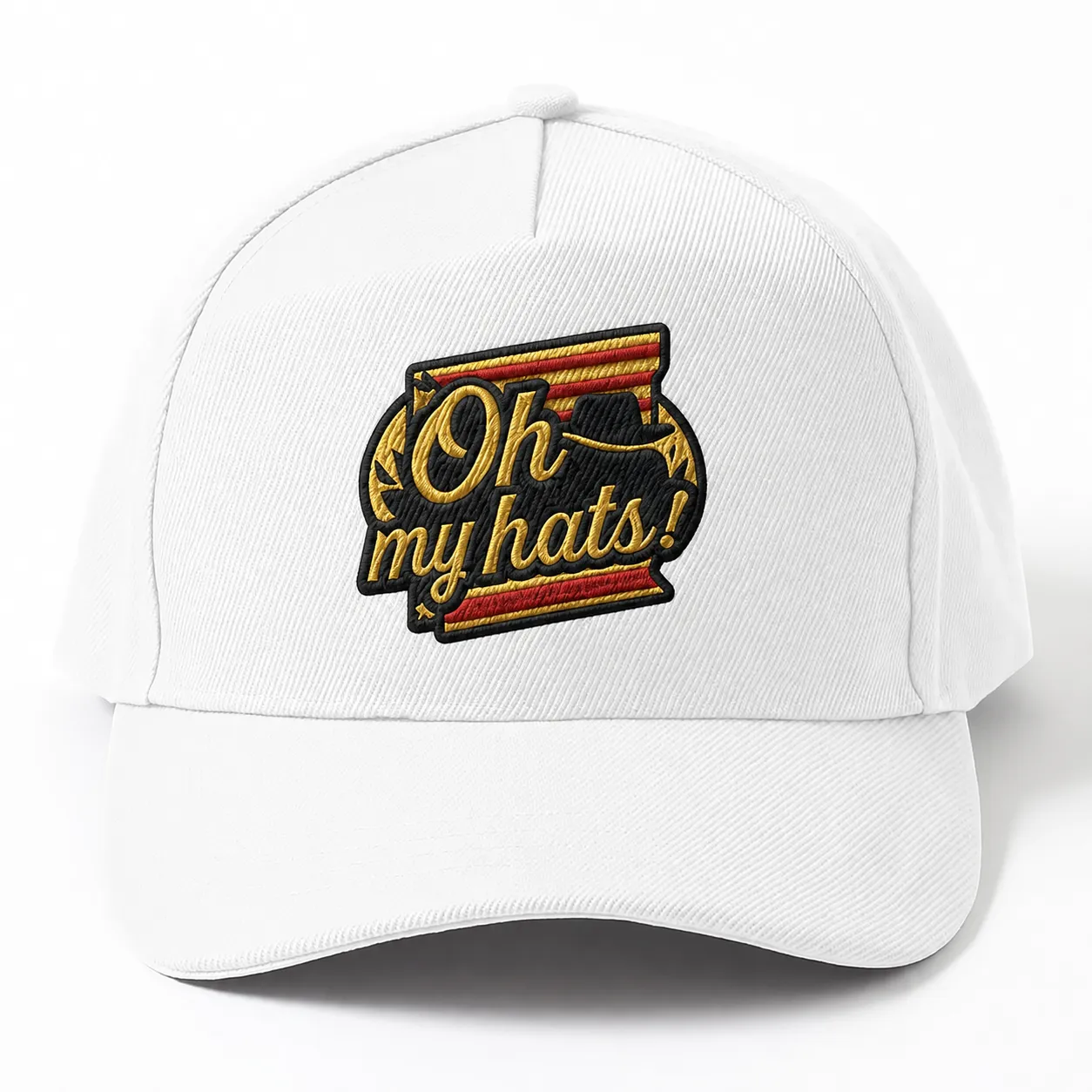 White custom 5 panel embroidered baseball hat with Oh My Hats logo on the front