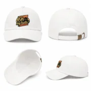 Front, back, interior and side views of a white custom 5 panel embroidered baseball hat