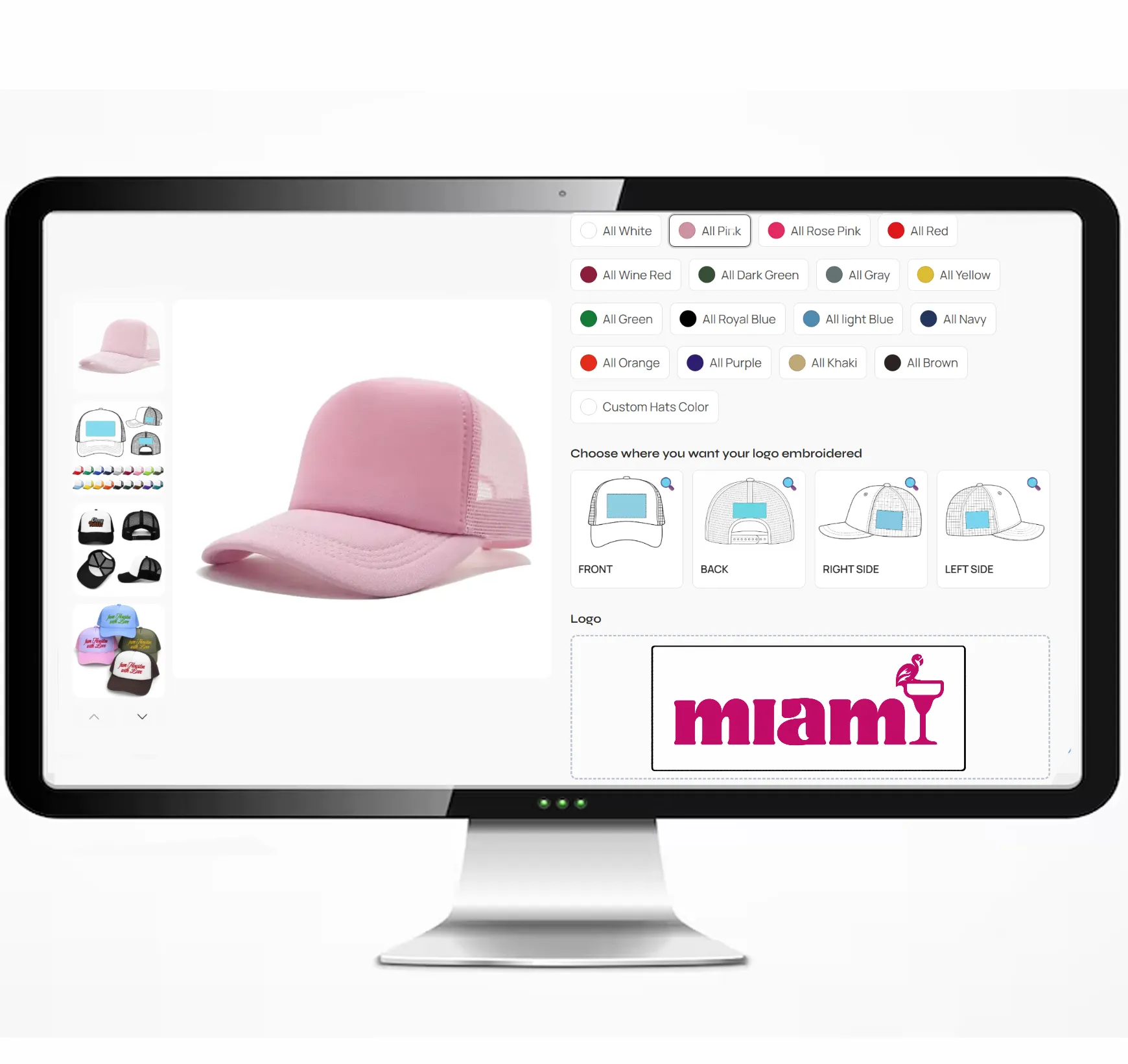 Online customization tool showing a pink foam trucker hat with color, embroidery placement, and logo options