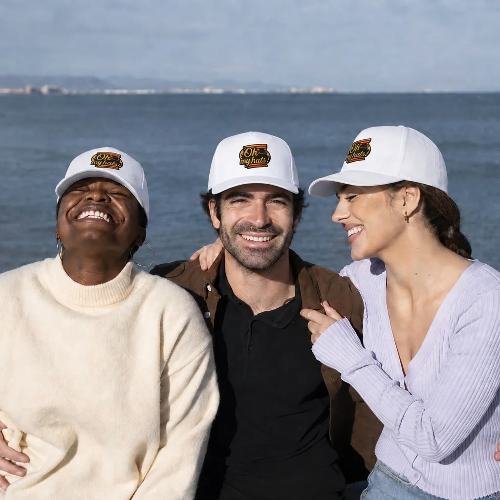 Three friends wearing matching white custom 5 panel embroidered baseball hats