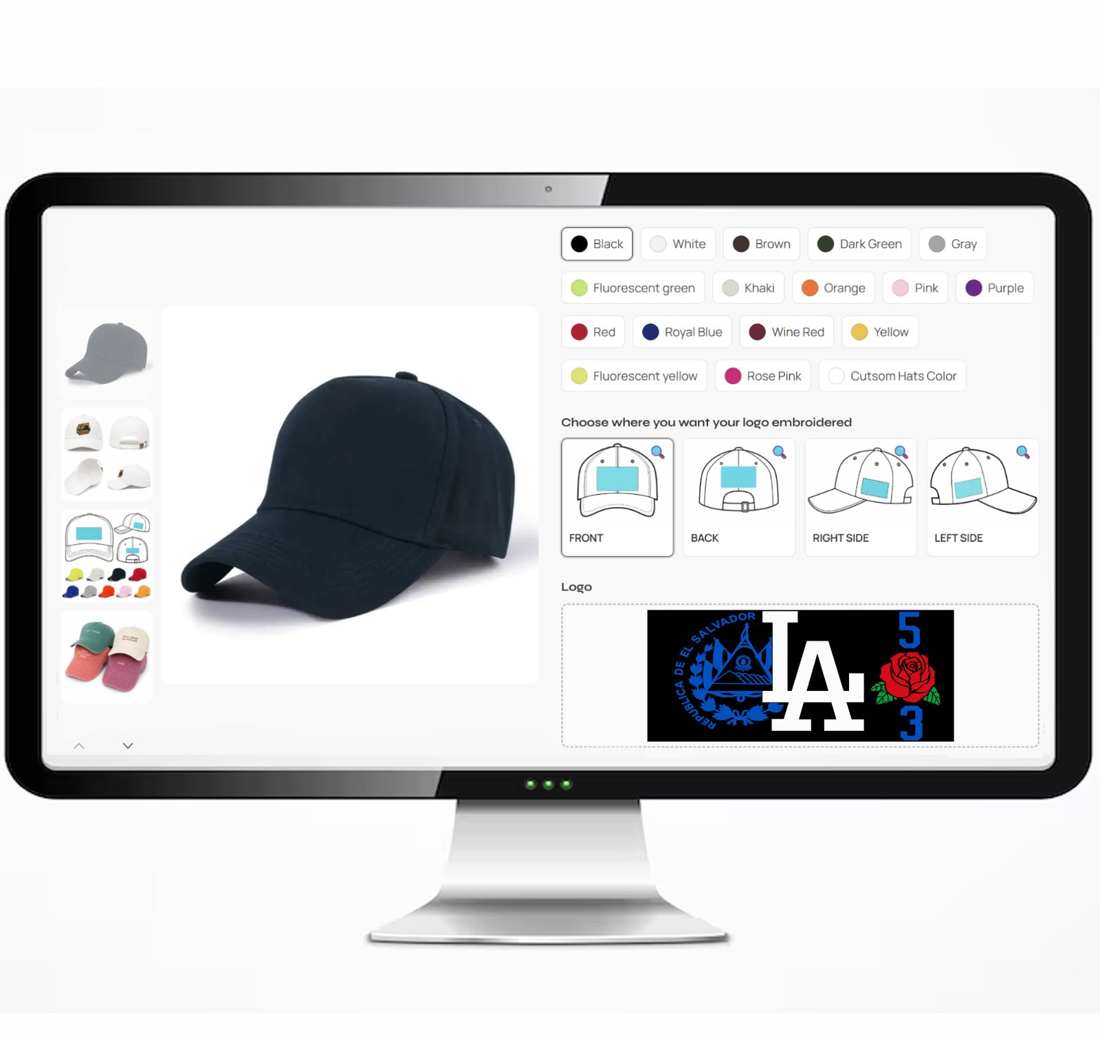 Online custom baseball hat design tool with color options and embroidery placement selection