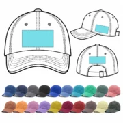 Dad hat line drawings showing front, side, and back embroidery areas above two rows of twenty hat colors.