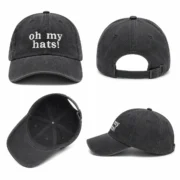 Front, back, interior, and side views of a washed black dad hat with white embroidery and an adjustable buckle strap.
