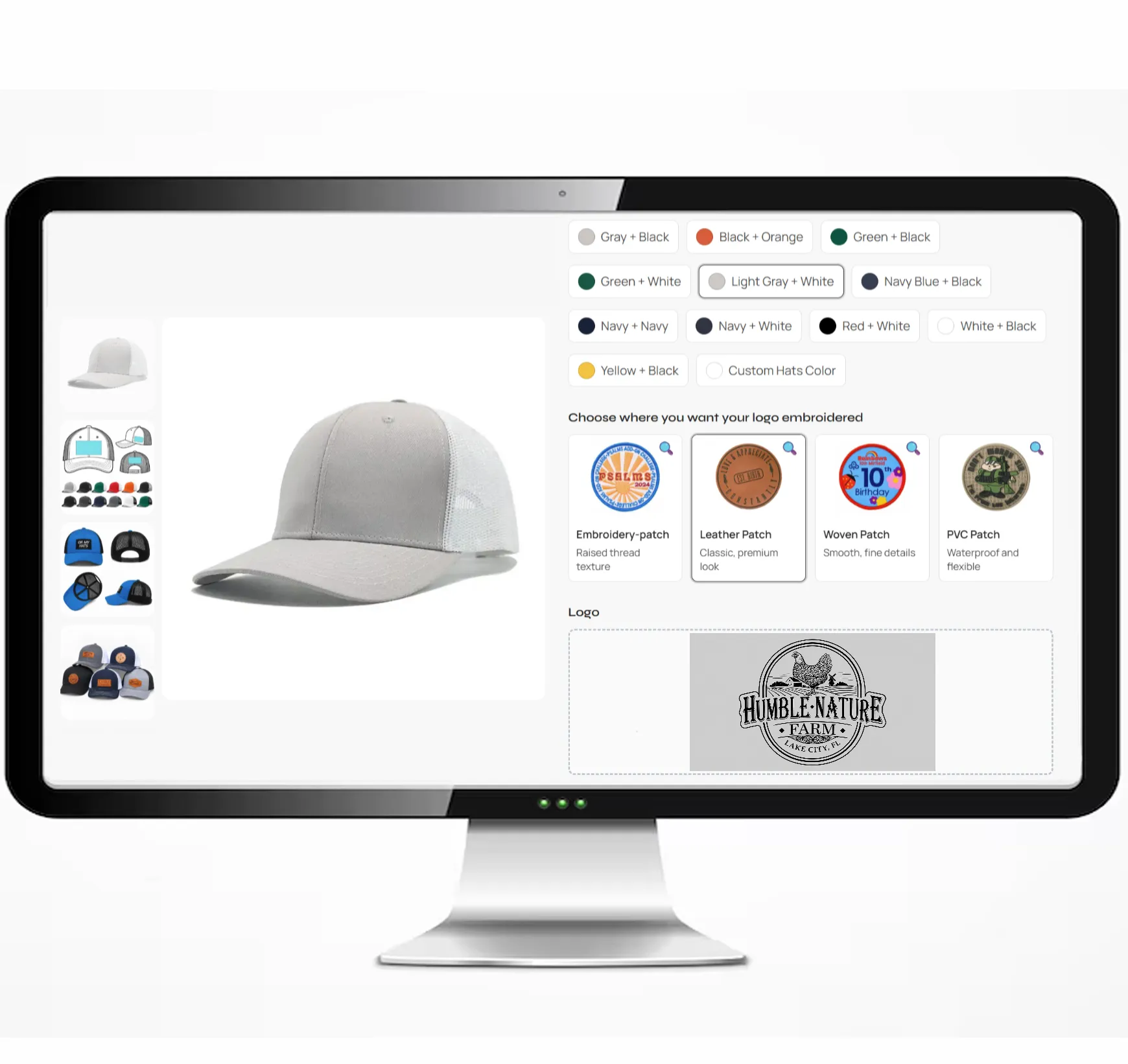 Online design tool displaying a gray trucker hat with leather patch options and a custom logo upload