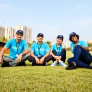 Four volunteers wearing navy baseball hats with colorful capybara prints while sitting on grass.