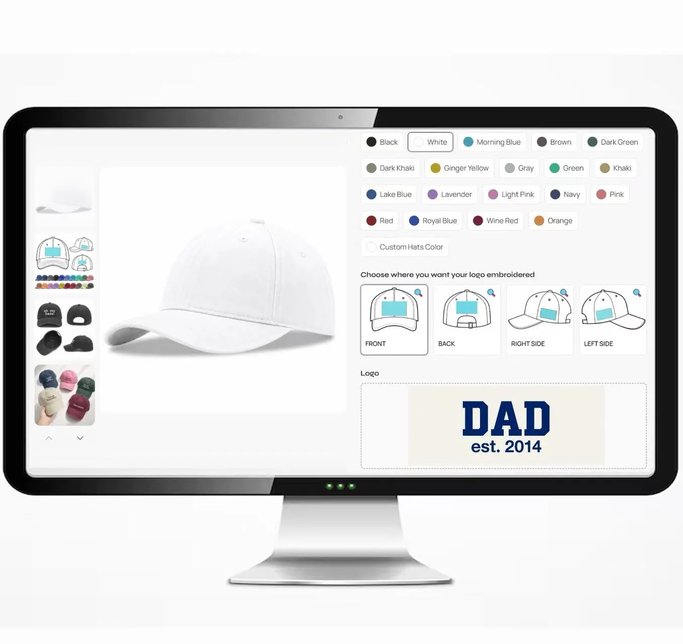 Desktop display showing dad hat color options, embroidery placements, and a DAD est. 2014 design.