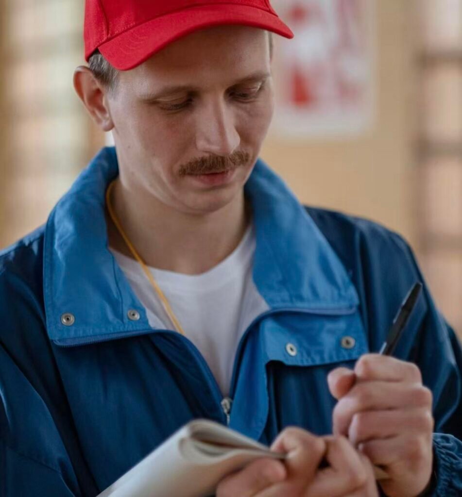 Coach wearing a red baseball cap and blue jacket while writing in a notebook.