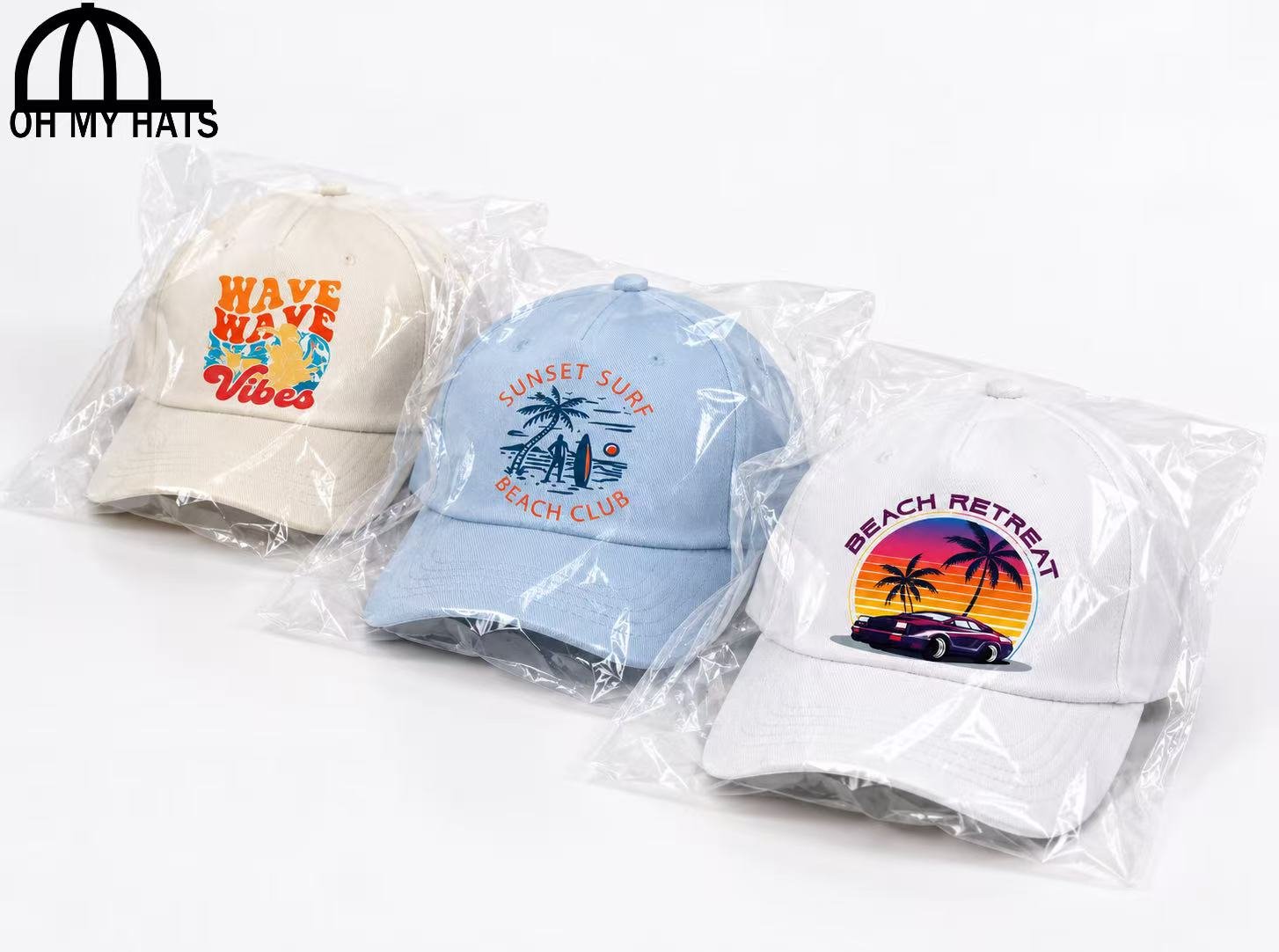 Three custom five-panel printed baseball hats individually packaged in clear bags on a white background.
