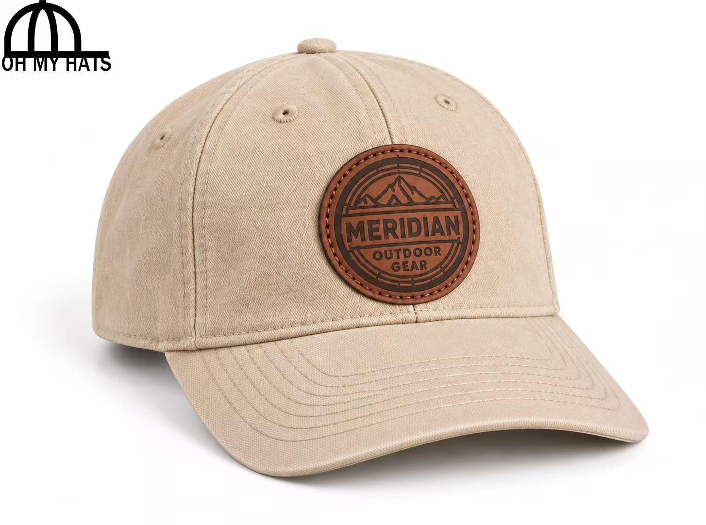Beige six-panel baseball hat with a round MERIDIAN patch, shown in a three-quarter view on a white background.