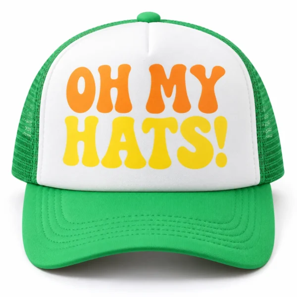 Green and white foam trucker hat with orange and yellow OH MY HATS lettering on a white background.