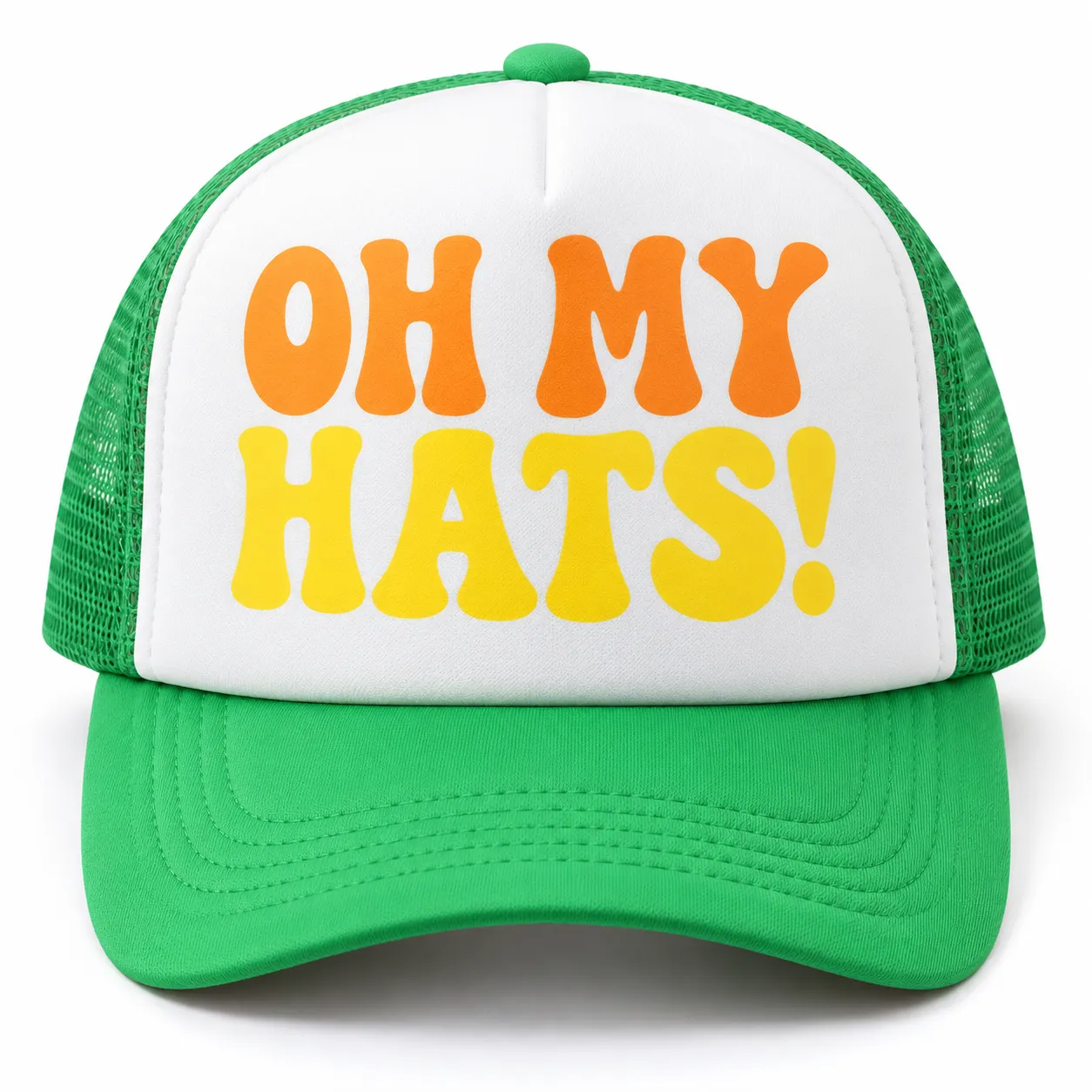 Green and white foam trucker hat with orange and yellow OH MY HATS lettering on a white background.