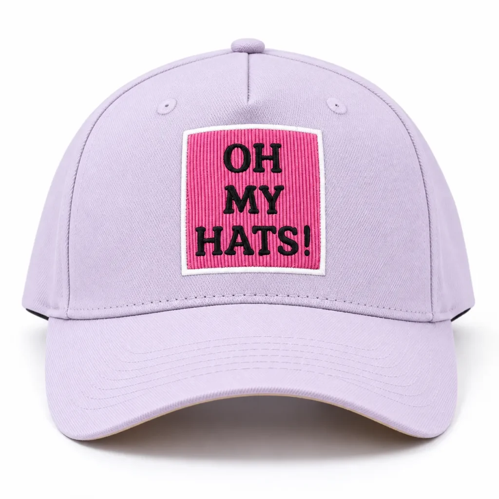 Lavender five-panel baseball hat with a pink OH MY HATS patch on a white background.