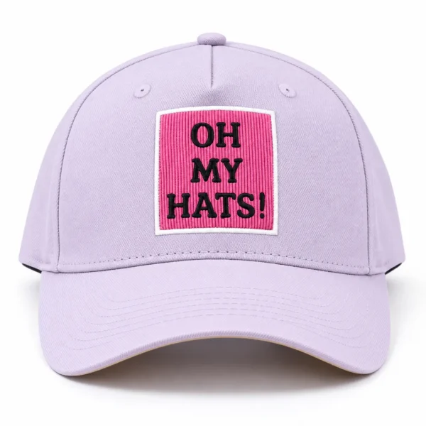 Lavender five-panel baseball hat with a pink OH MY HATS patch on a white background.
