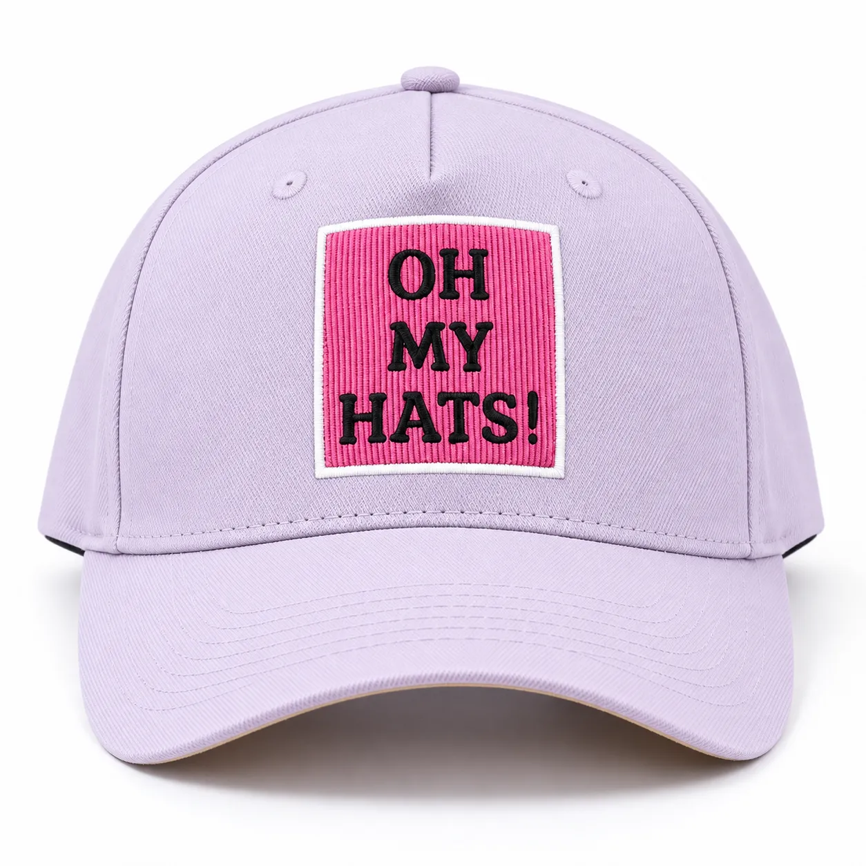 Custom 5 Panel Patch Baseball Hat – Lavender Lavender five-panel baseball hat with a pink OH MY HATS patch on a white background.