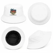 Four views of a white custom printed bucket hat with a tropical palm tree design, showing the front, top, black-lined interior, and side on a white background.