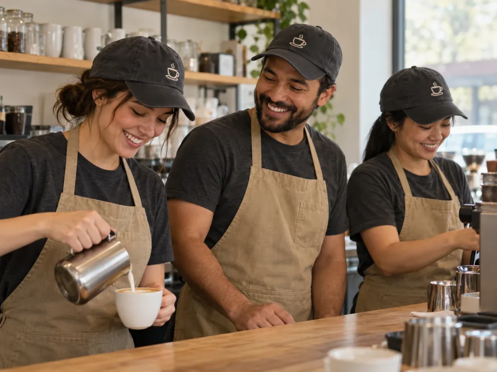 Café coworkers wearing matching custom hats, charcoal shirts, and tan aprons.