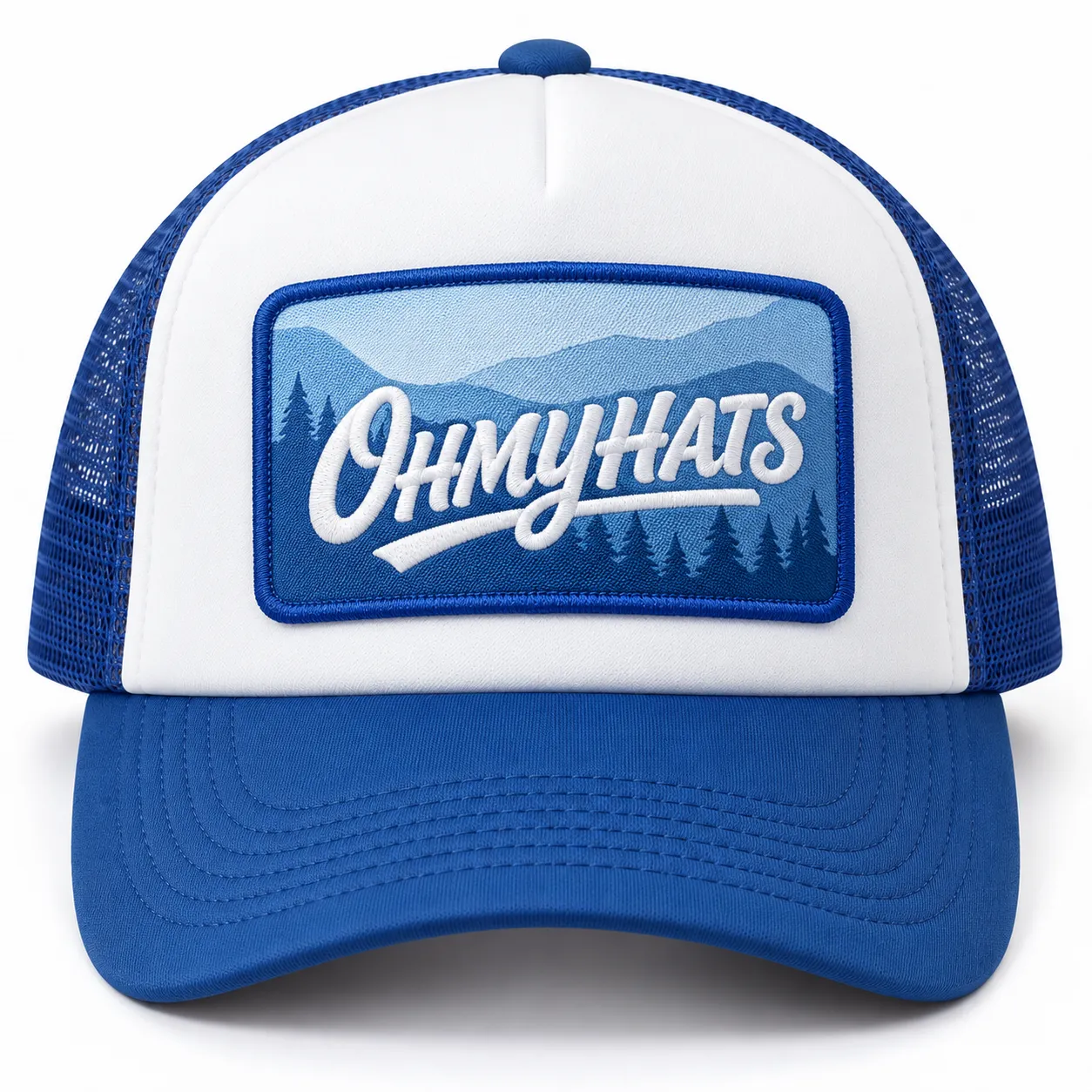 Blue and white foam trucker hat with an OHMYHATS mountain landscape patch, shown from the front on a white background.