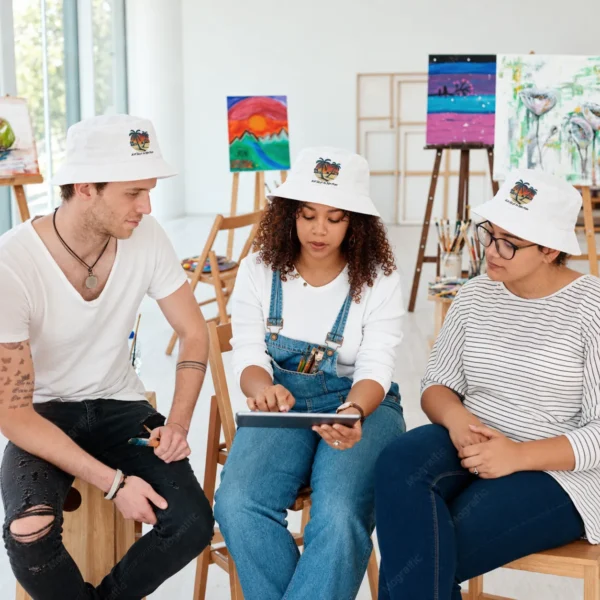 Three people wearing white palm-print bucket hats while reviewing a tablet together in a bright art studio.