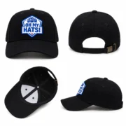 Black custom patch baseball hat with an OH MY HATS! patch, shown from the front, back, interior, and side.