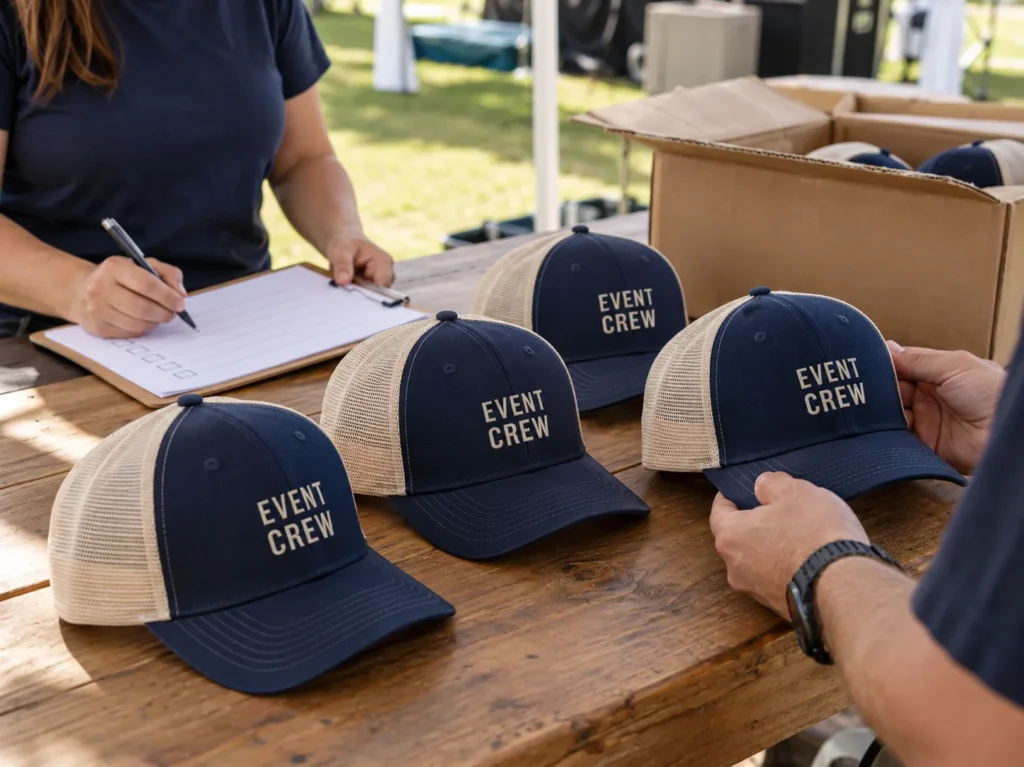 Event organizers checking navy and cream custom trucker hats beside an order checklist.