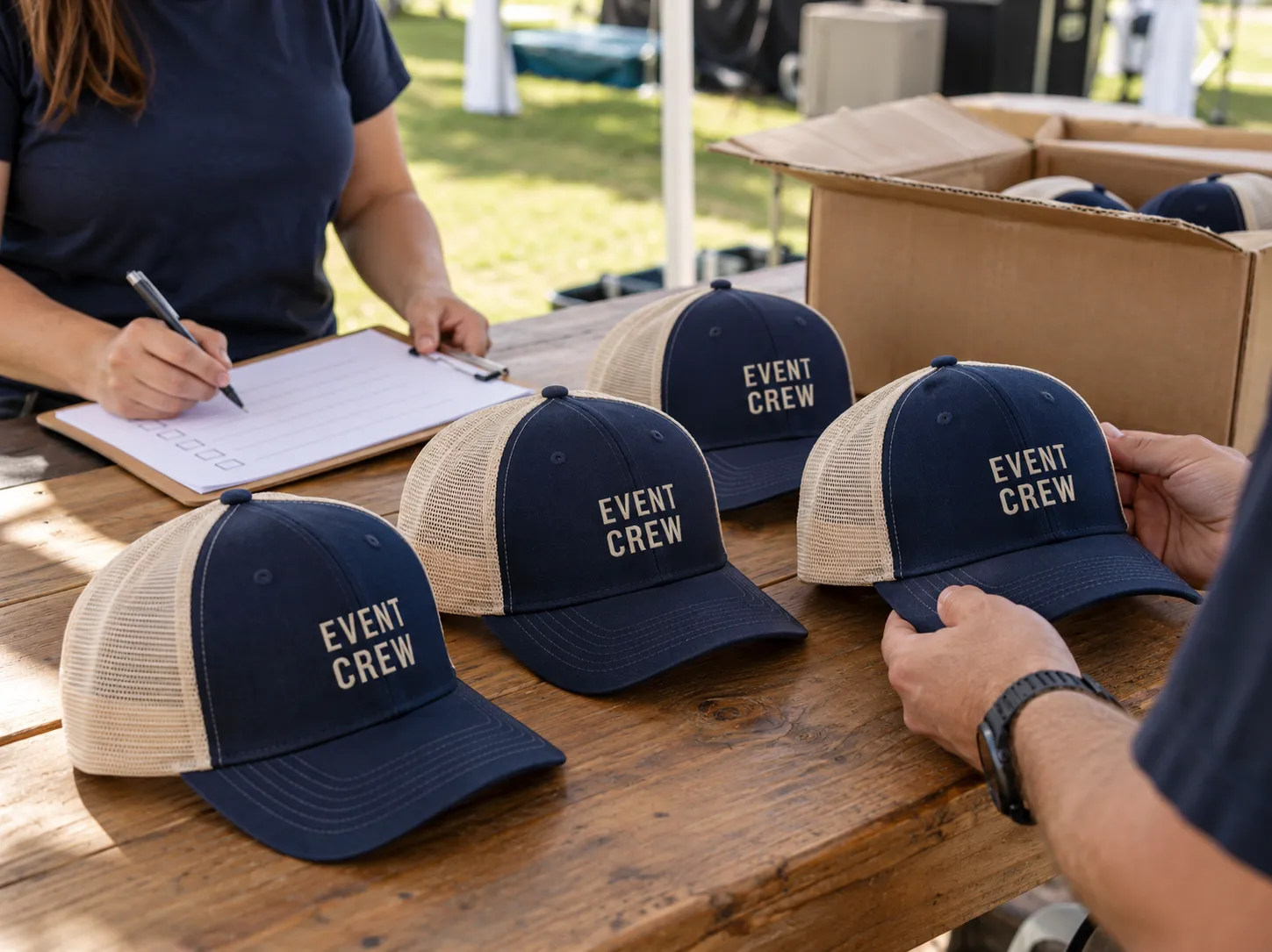 Event organizers checking navy and cream custom trucker hats beside an order checklist.