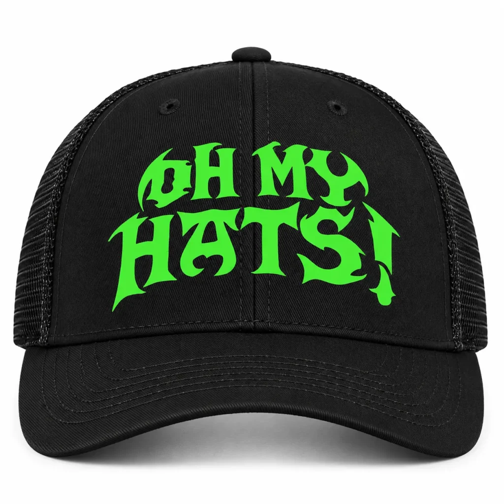 Black mesh trucker hat with neon green OH MY HATS! lettering, shown from the front on a white background.