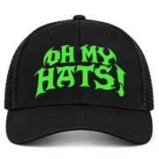 Black mesh trucker hat with neon green OH MY HATS! lettering, shown from the front on a white background.