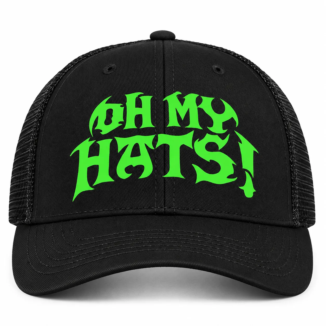 Custom Printed Trucker Hat – Black & Neon Green Black mesh trucker hat with neon green OH MY HATS! lettering, shown from the front on a white background.
