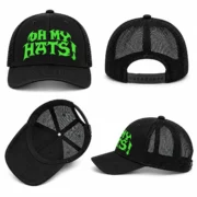 Four views of a black trucker hat with neon green OH MY HATS! print, showing the front, back, interior, and side.