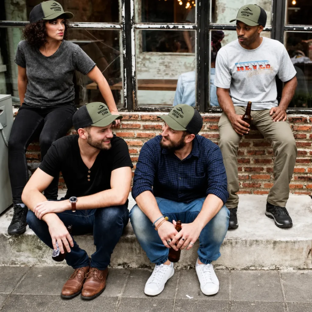 Four friends wearing olive green and black mesh trucker hats embroidered with WEEKEND CREW, seated outside a brick building.