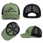 Four views of an olive green and black mesh trucker hat with black OH MY HATS! embroidery, showing the front, back, interior, and side.