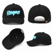 Black five-panel printed baseball hat with a white and turquoise OHMYHATS design, shown from the front, back, interior, and side.