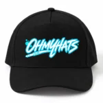 Black five-panel baseball hat with a white and turquoise OHMYHATS printed design on a white background.
